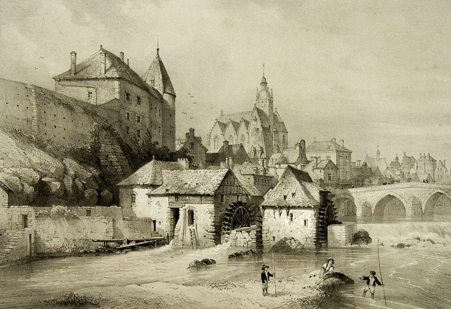 Vue de Mayenne et ses moulins. Le château, la basilique et le pont sont aussi parfaitement visibles. Archives de la Mayenne, Ba 75/19.