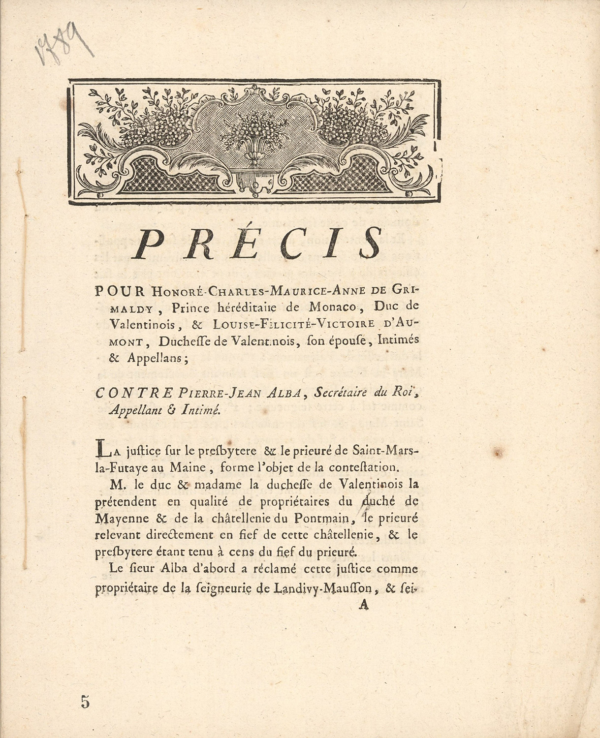Première page du mémoire juridique rédigé dans le cadre du procès du duc Honoré contre Pierre-Jean Alba